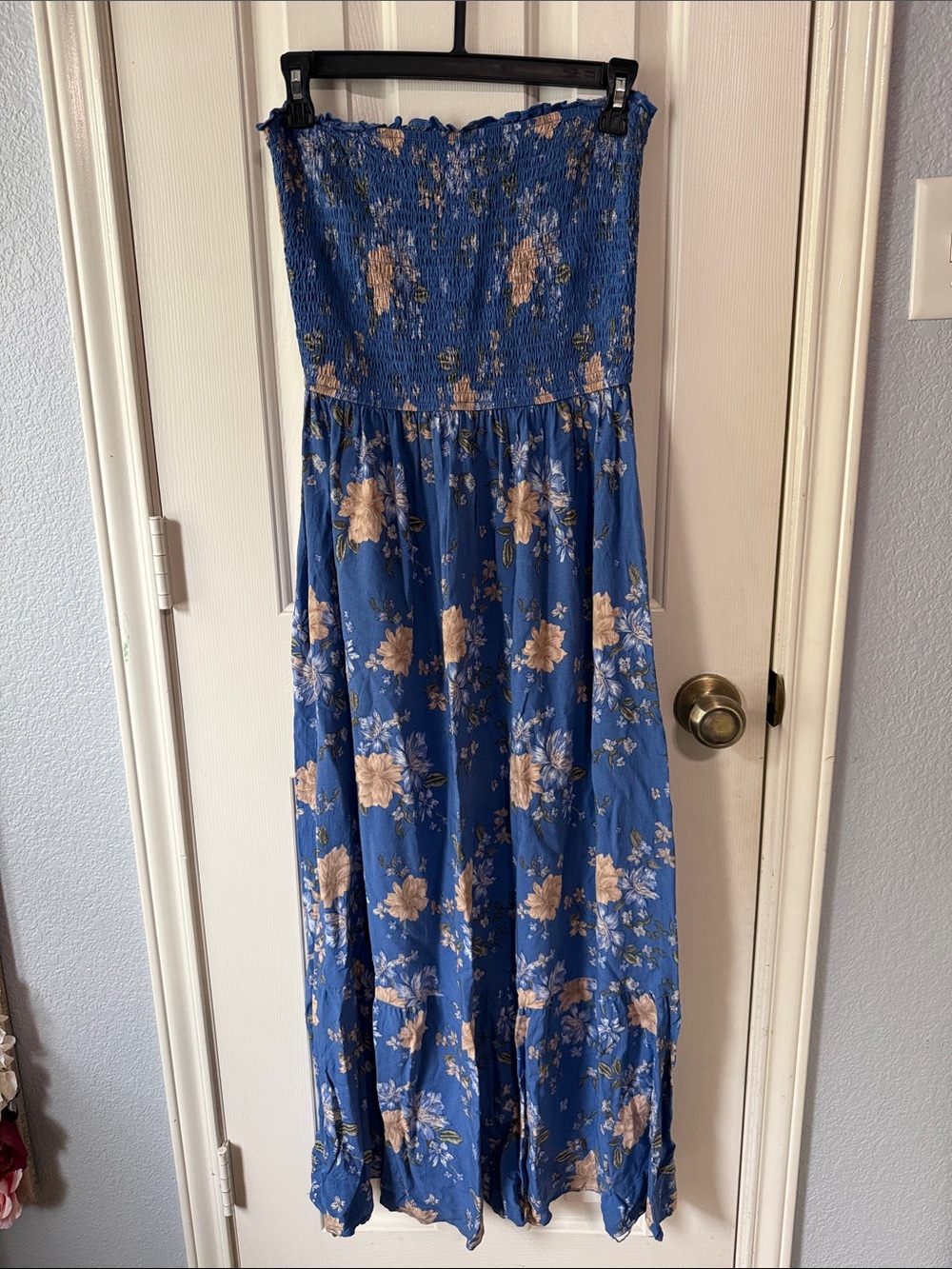 Amazon Blue Floral Strapless Maxi Dress with Cream Flower Print